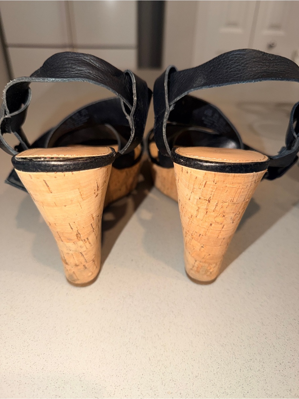 Black Leather Cork Wedge Sandals - size 8.5 - Picture 3 of 6